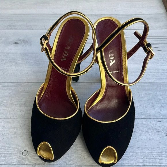 Prada Black Suede Slingback Peep Toe Platform Heels Size 5 - Picture 3 of 16